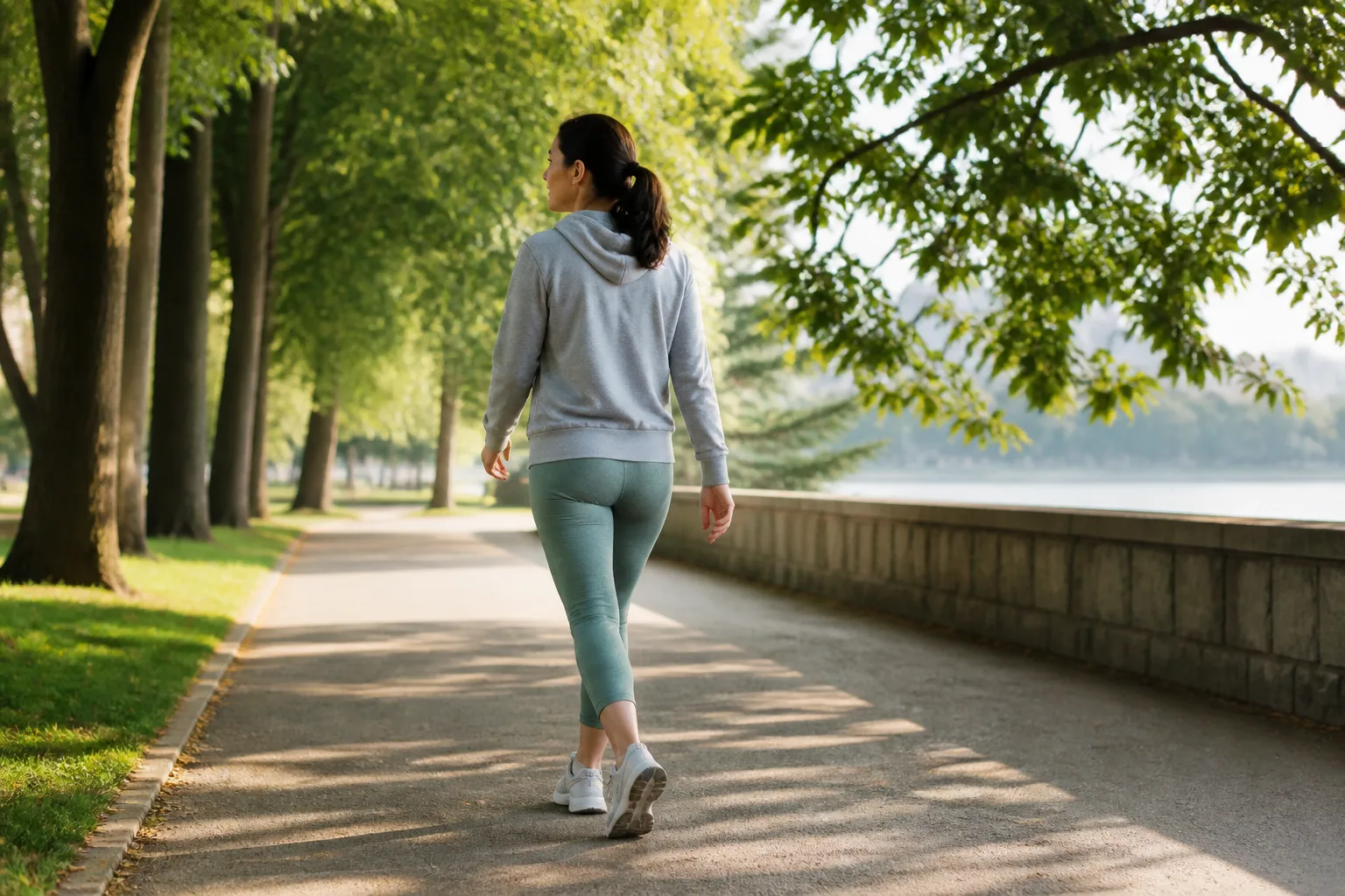 A woman walking along a tree-lined park path