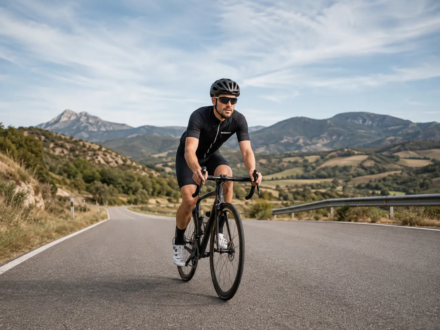 A cyclist riding outdoors on a paved road