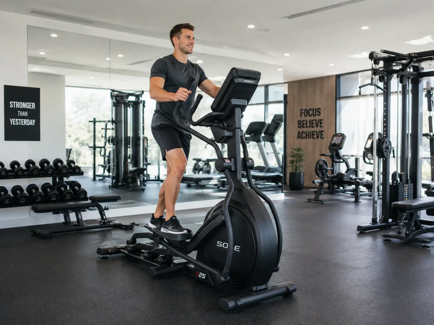 A person exercising on an elliptical trainer