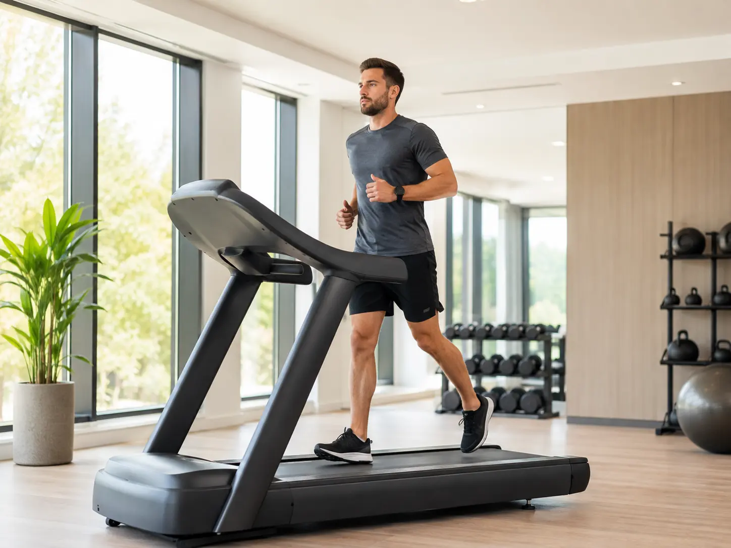A person walking uphill on an incline treadmill