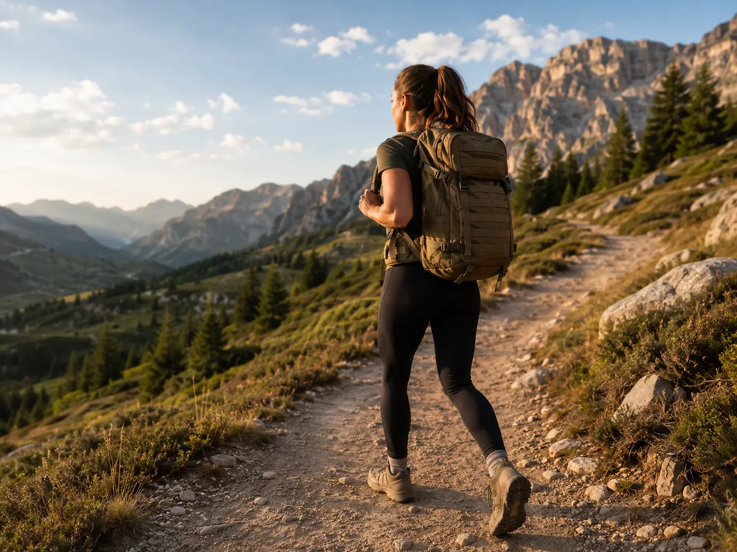 A person walking outdoors with a weighted backpack