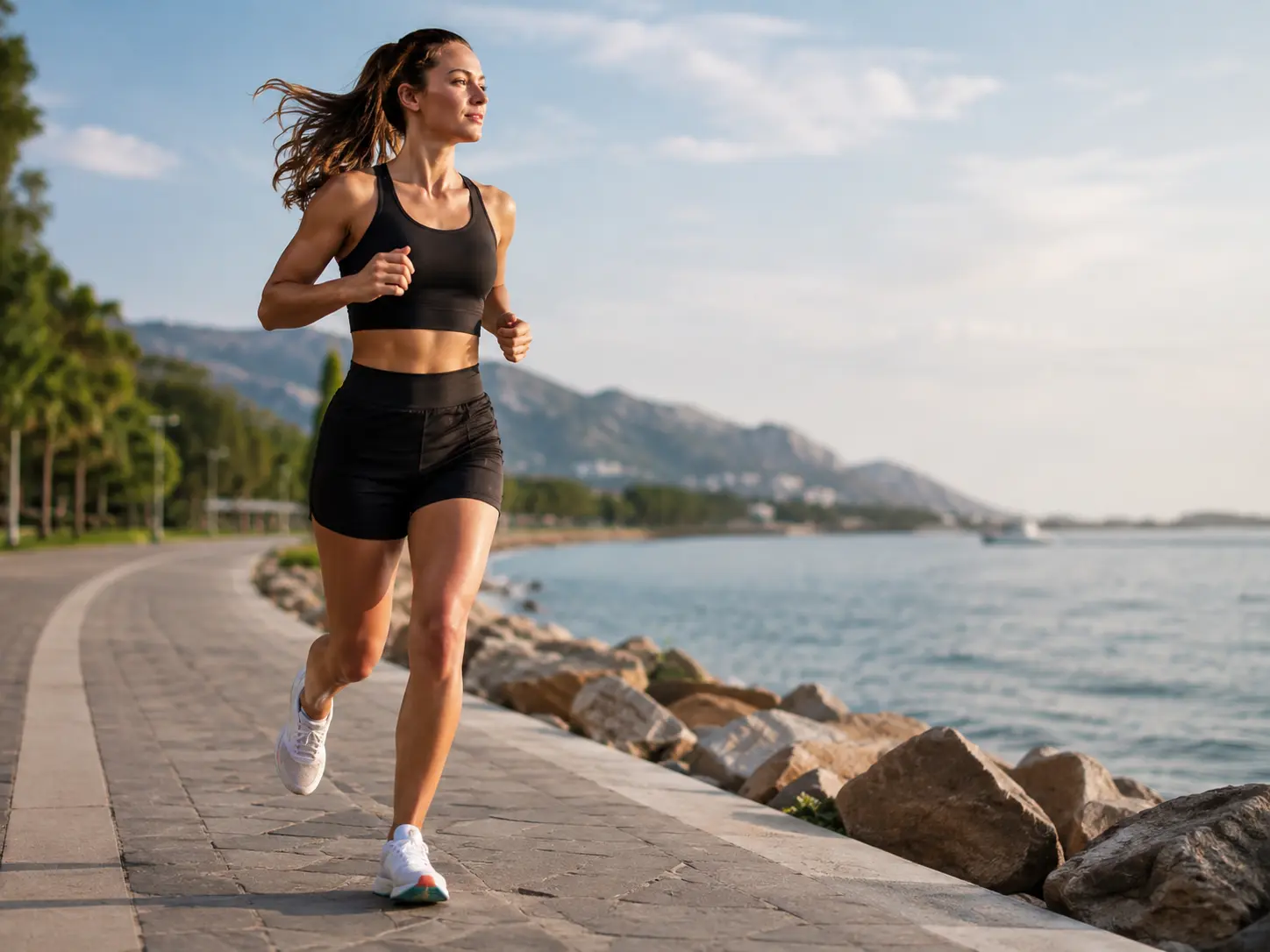 A runner training outdoors on a flat path