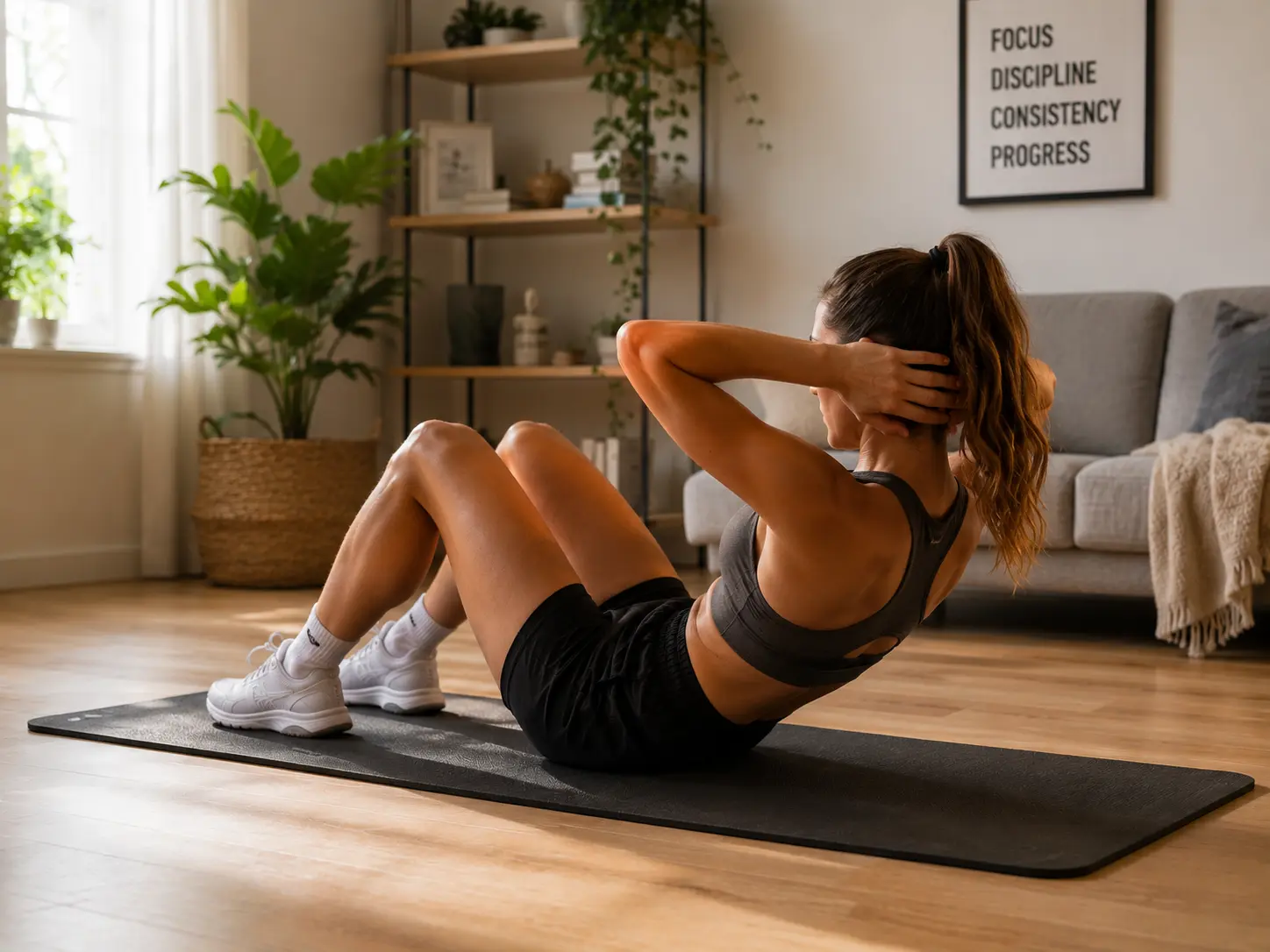 A person performing sit-ups on an exercise mat