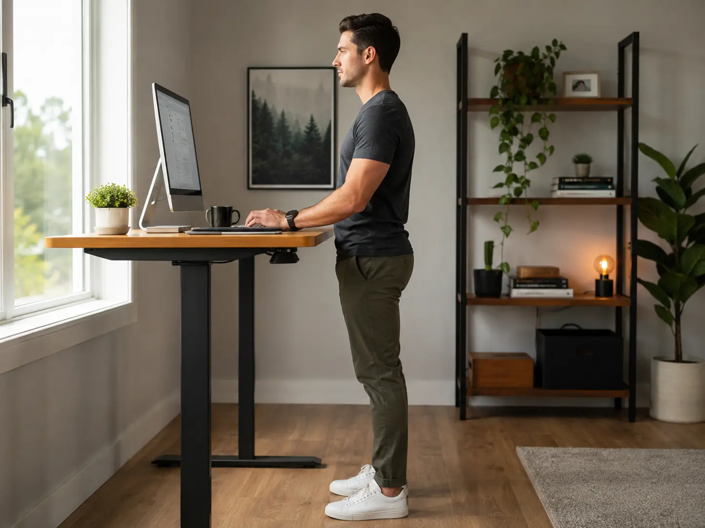 A person standing while working at a high desk