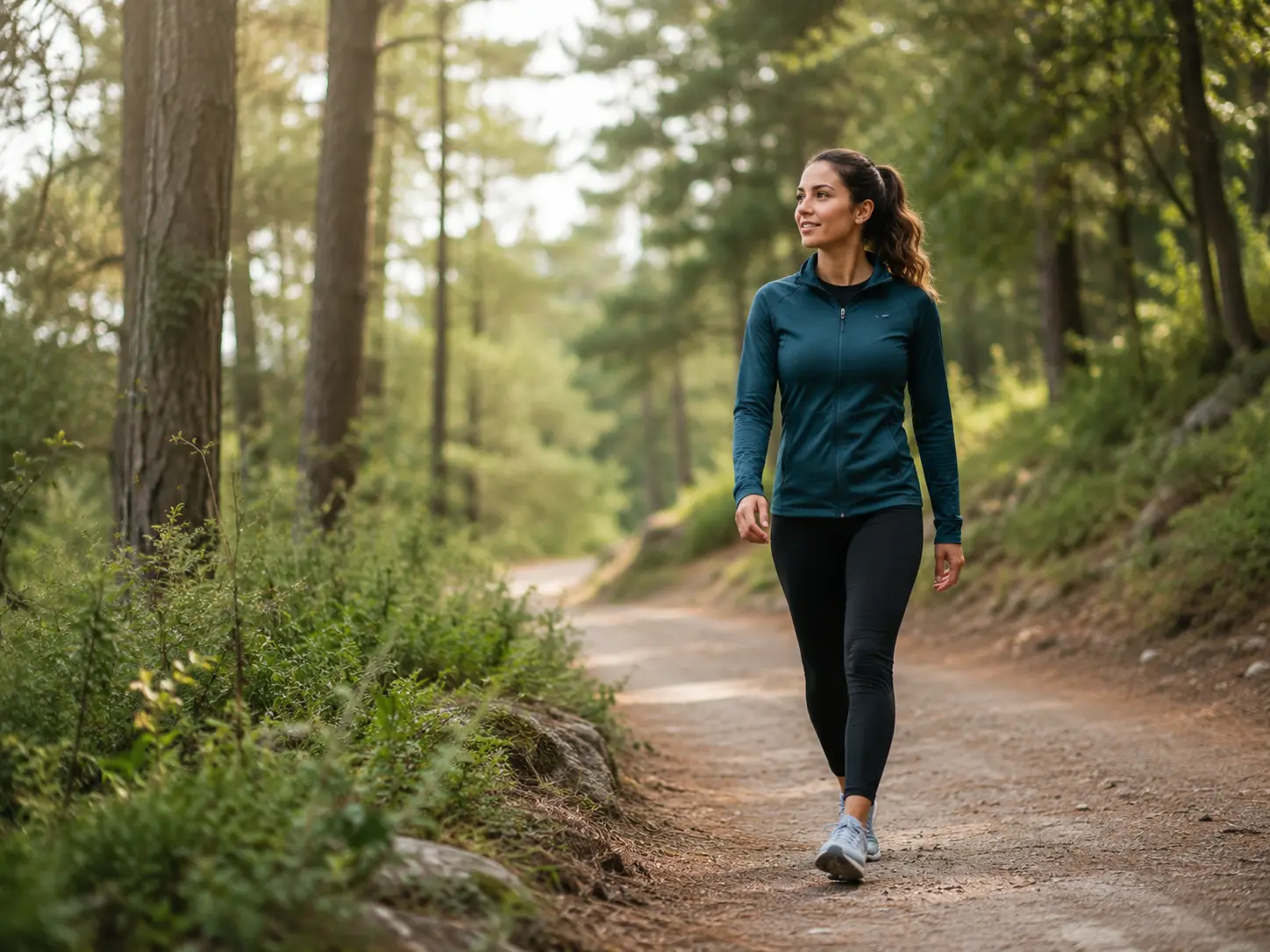 A person walking outdoors at a steady pace