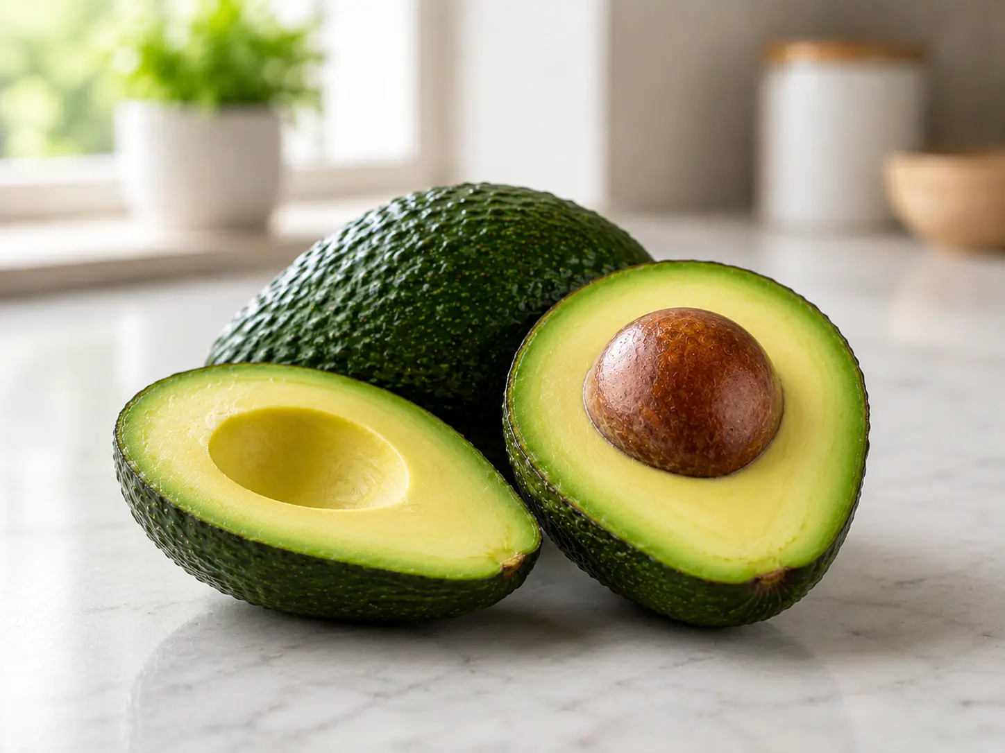 Whole and halved ripe avocado