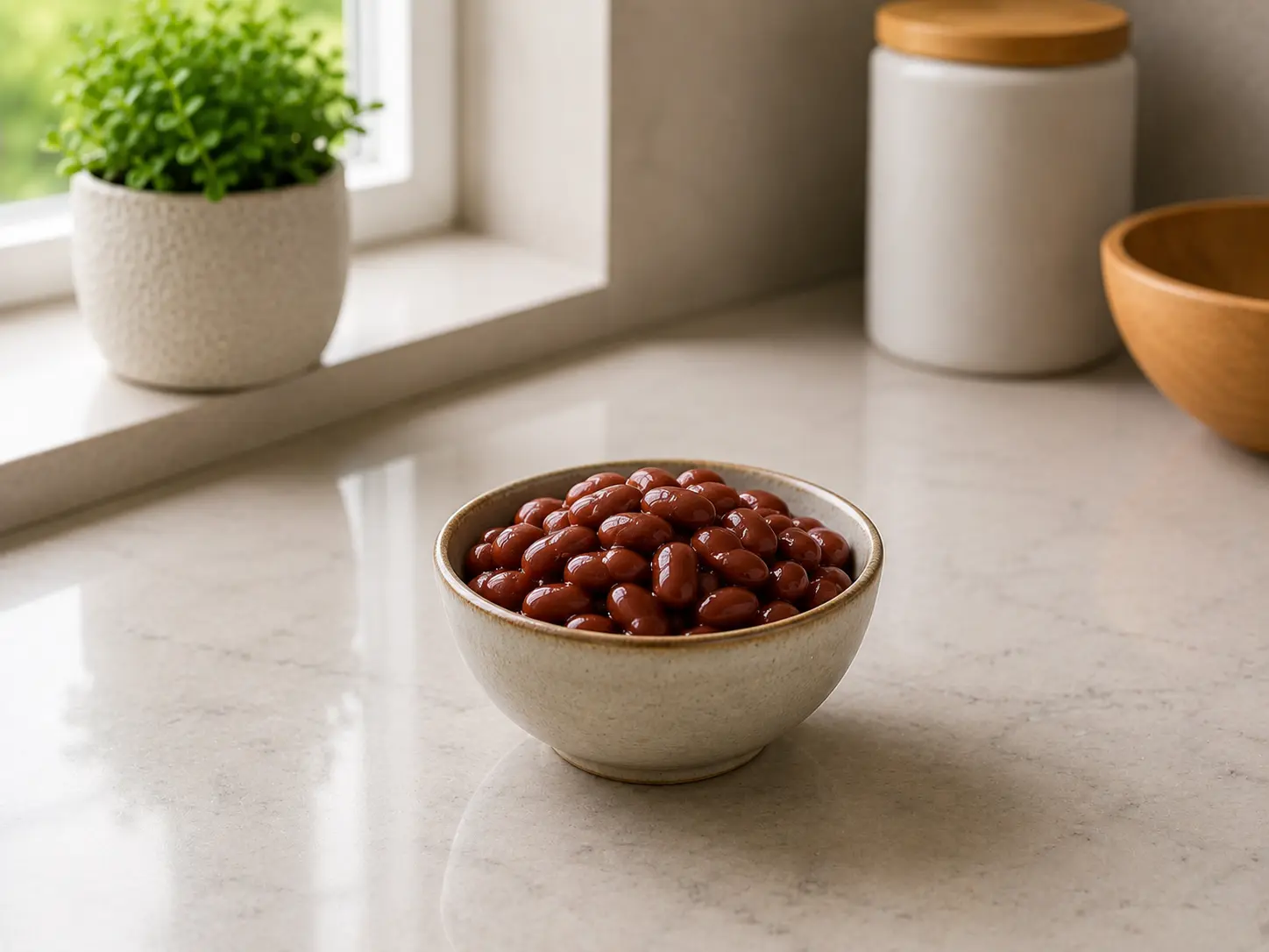 A bowl of cooked beans on a clean kitchen surface