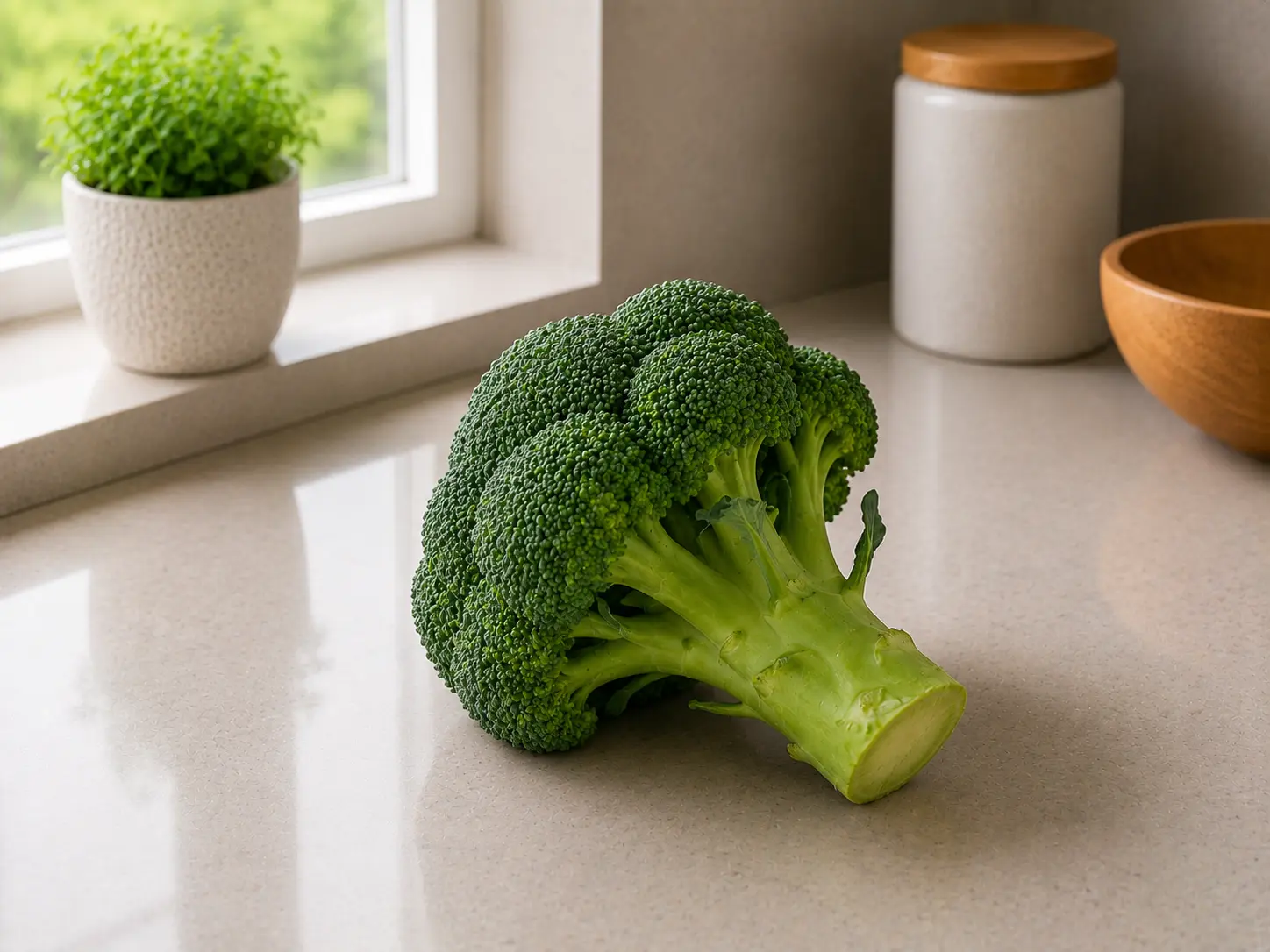 Fresh broccoli florets on a clean kitchen surface