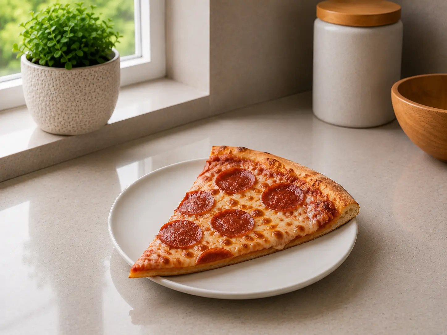 A large slice of cheese pizza on a clean counter