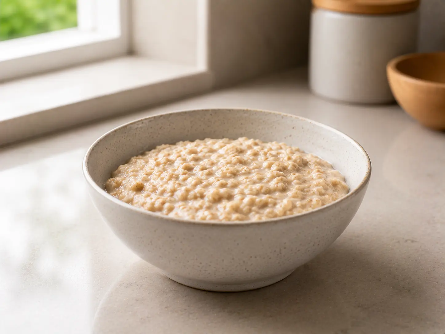 A bowl of plain cooked oatmeal on a clean counter