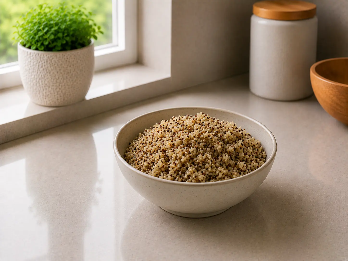 A bowl of cooked quinoa on a clean kitchen counter