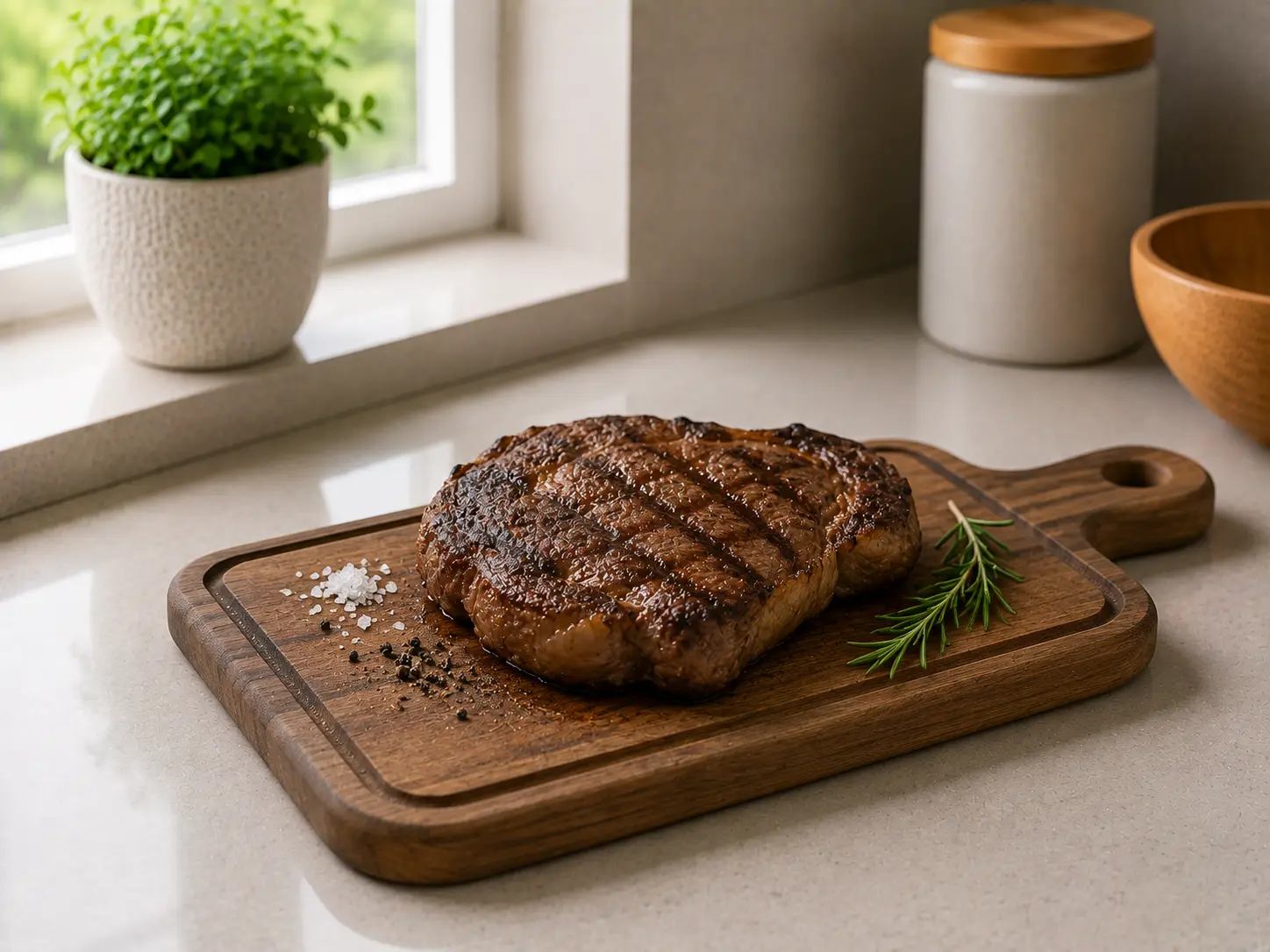 A beef steak on a clean kitchen surface