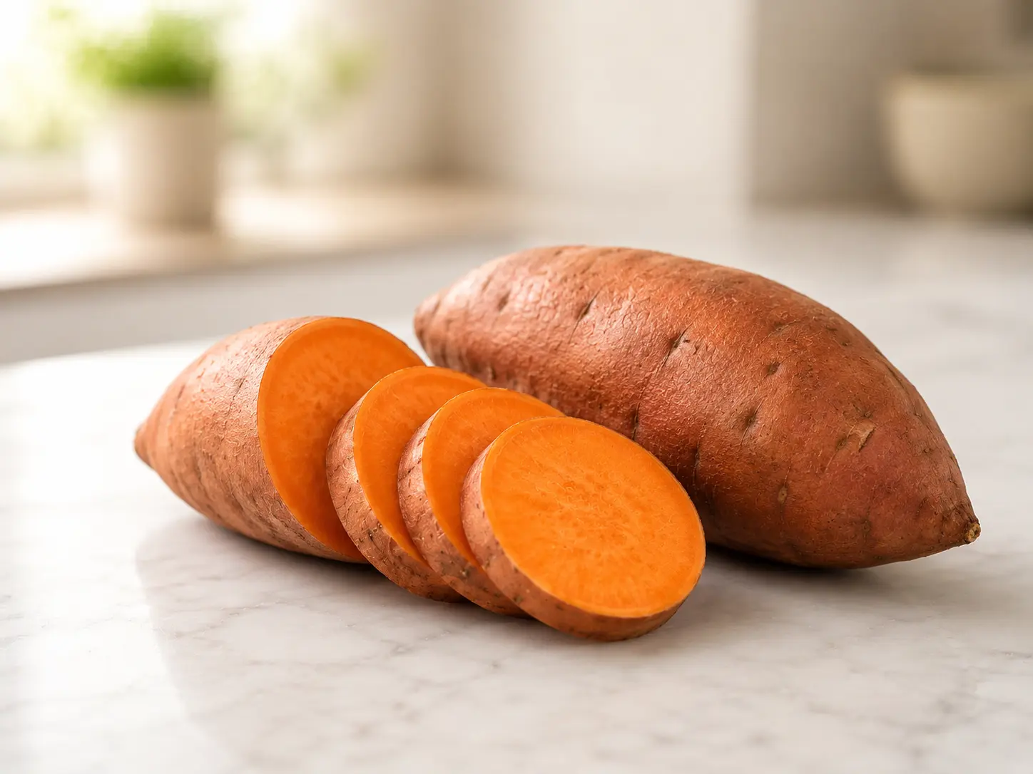 Fresh whole and cut orange sweet potatoes