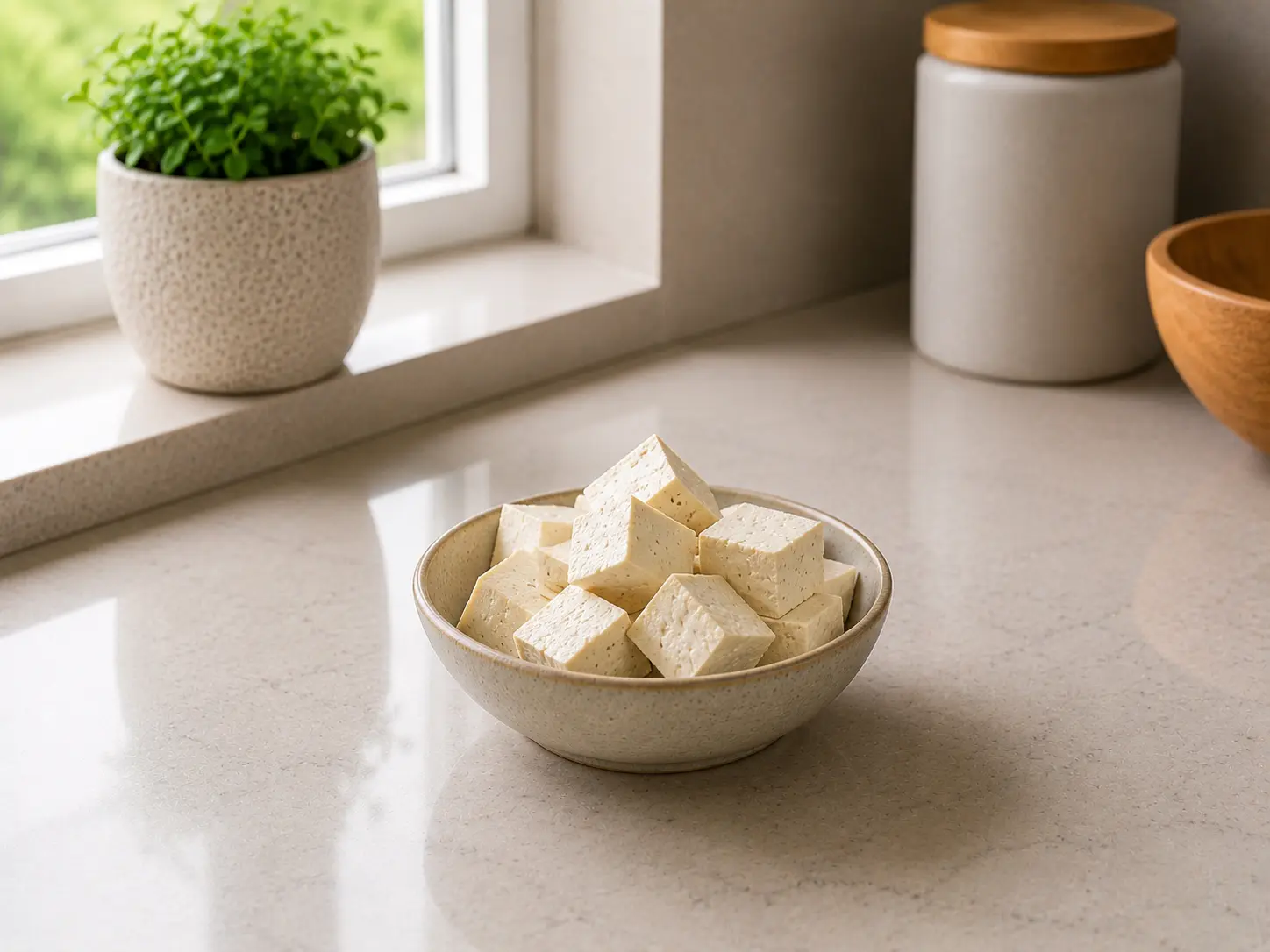 Blocks of firm tofu on a clean kitchen surface