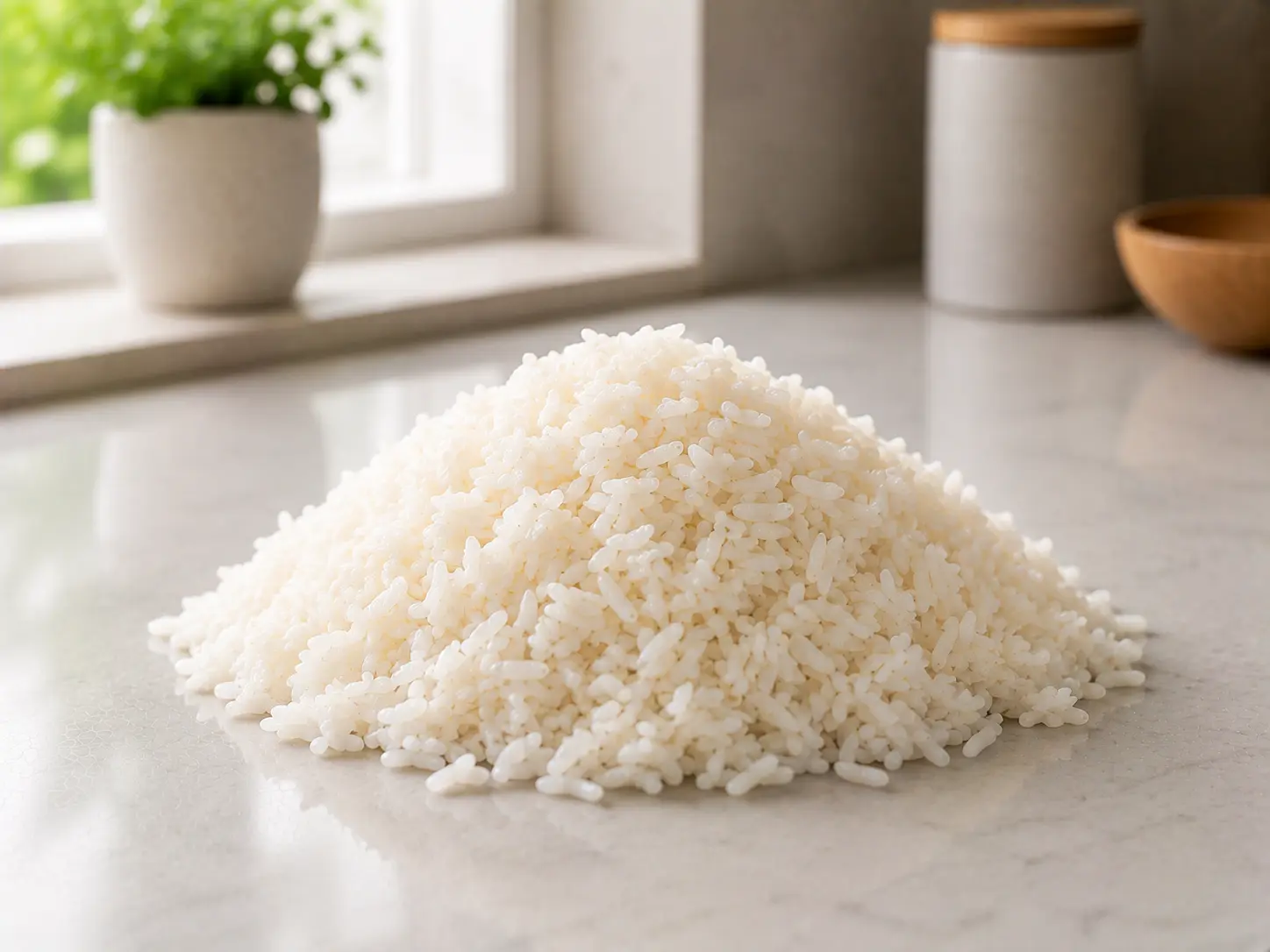 A bowl of cooked white rice on a clean counter