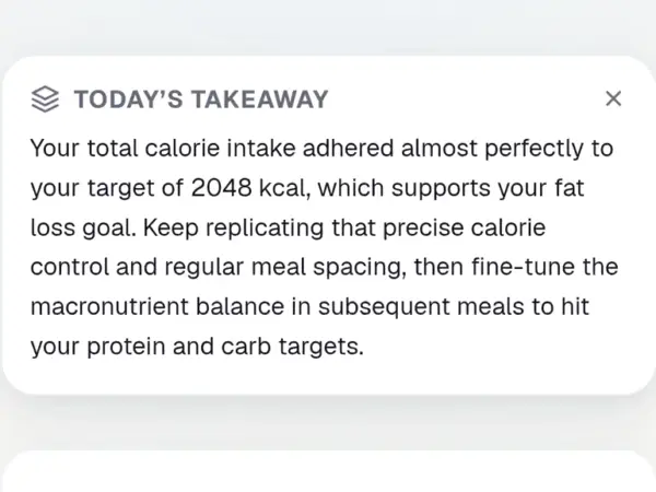 Kibora daily insight card summarizing calorie target progress and macro balance.