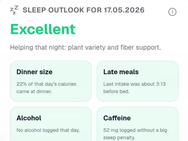 Kibora sleep outlook screen rating the night as excellent with dinner, caffeine, and alcohol signals.
