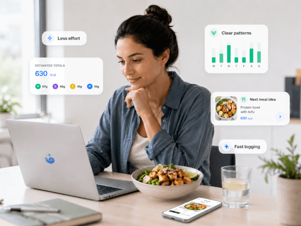 Personne à l’emploi du temps chargé en train de déjeuner tout en utilisant Kibora, avec des cartes flottantes pour moins d’effort, des tendances claires, un suivi rapide, les totaux des repas et des idées pour le prochain repas.