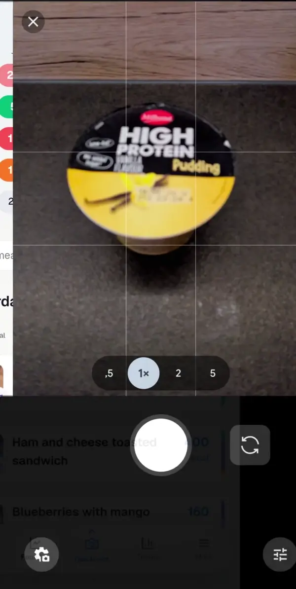 Kibora camera screen estimating a photographed high-protein pudding.