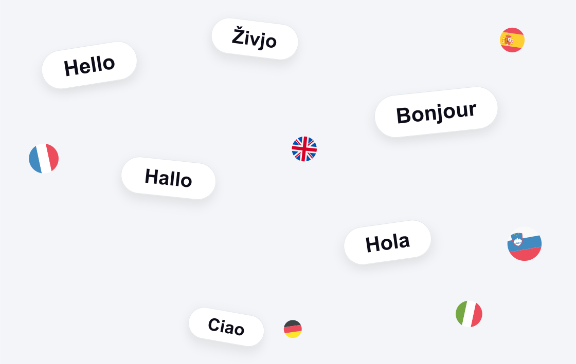 Verstreute Hello-, Živjo-, Bonjour-, Hallo-, Hola- und Ciao-Labels mit separaten Website-Flaggensymbolen in verschiedenen Größen.