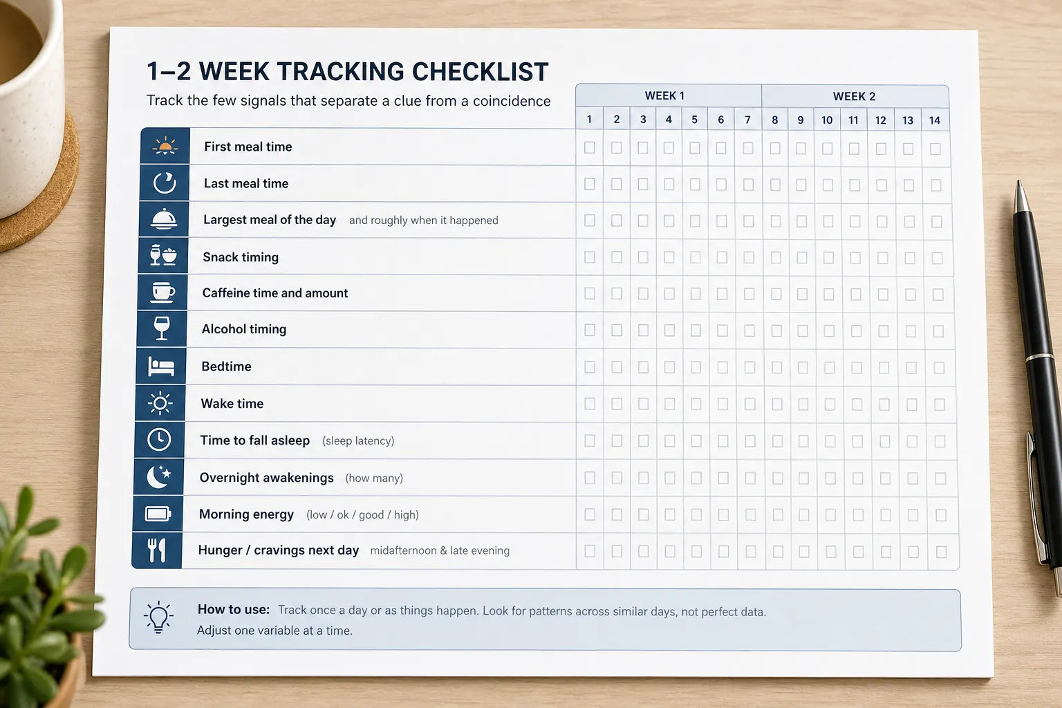 1–2 week tracking checklist for meal times, caffeine, bedtime, sleep, and hunger