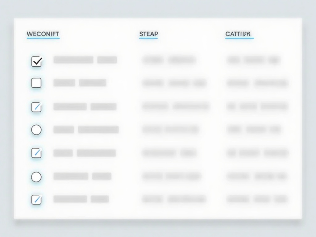 A blurred checklist table with three column headings and several checked and unchecked boxes.