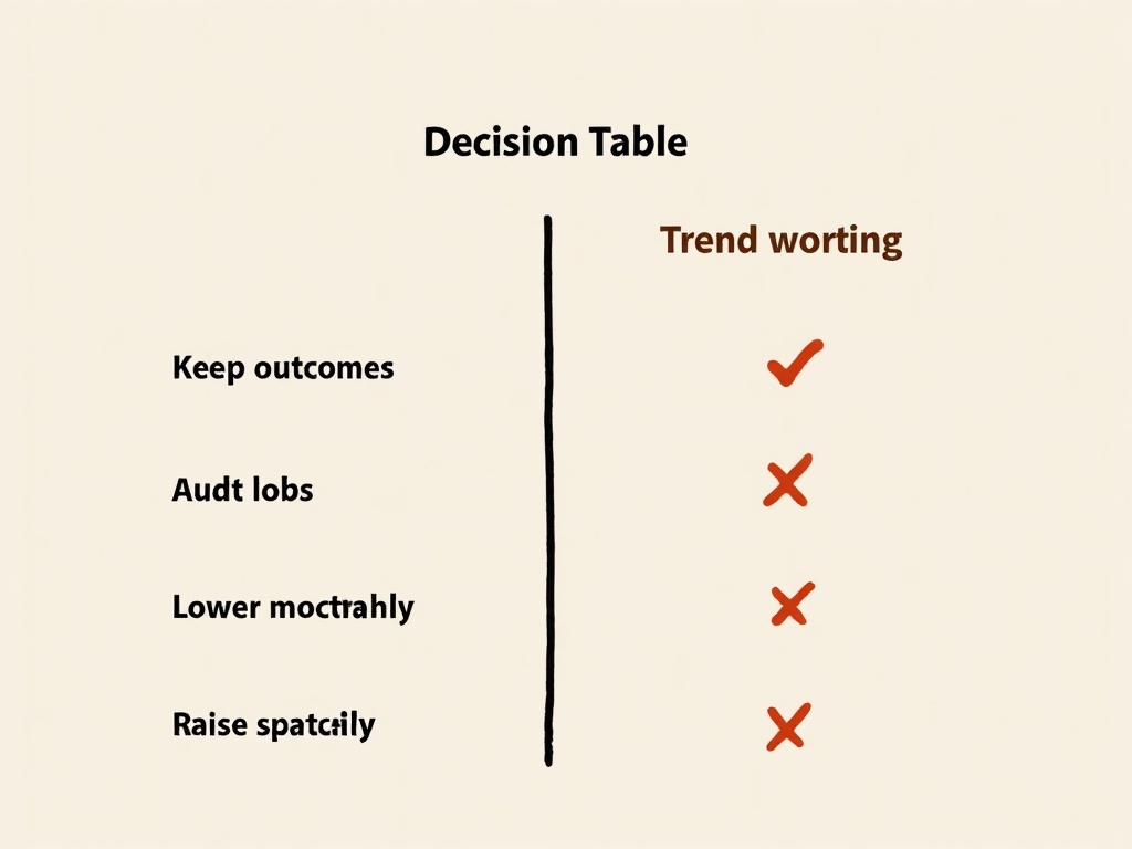 A hand-drawn decision table with check and X marks beside four listed options.