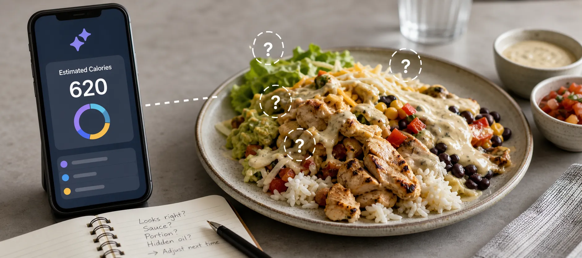 A phone shows 620 estimated calories beside a plate of mixed food with question marks over it.