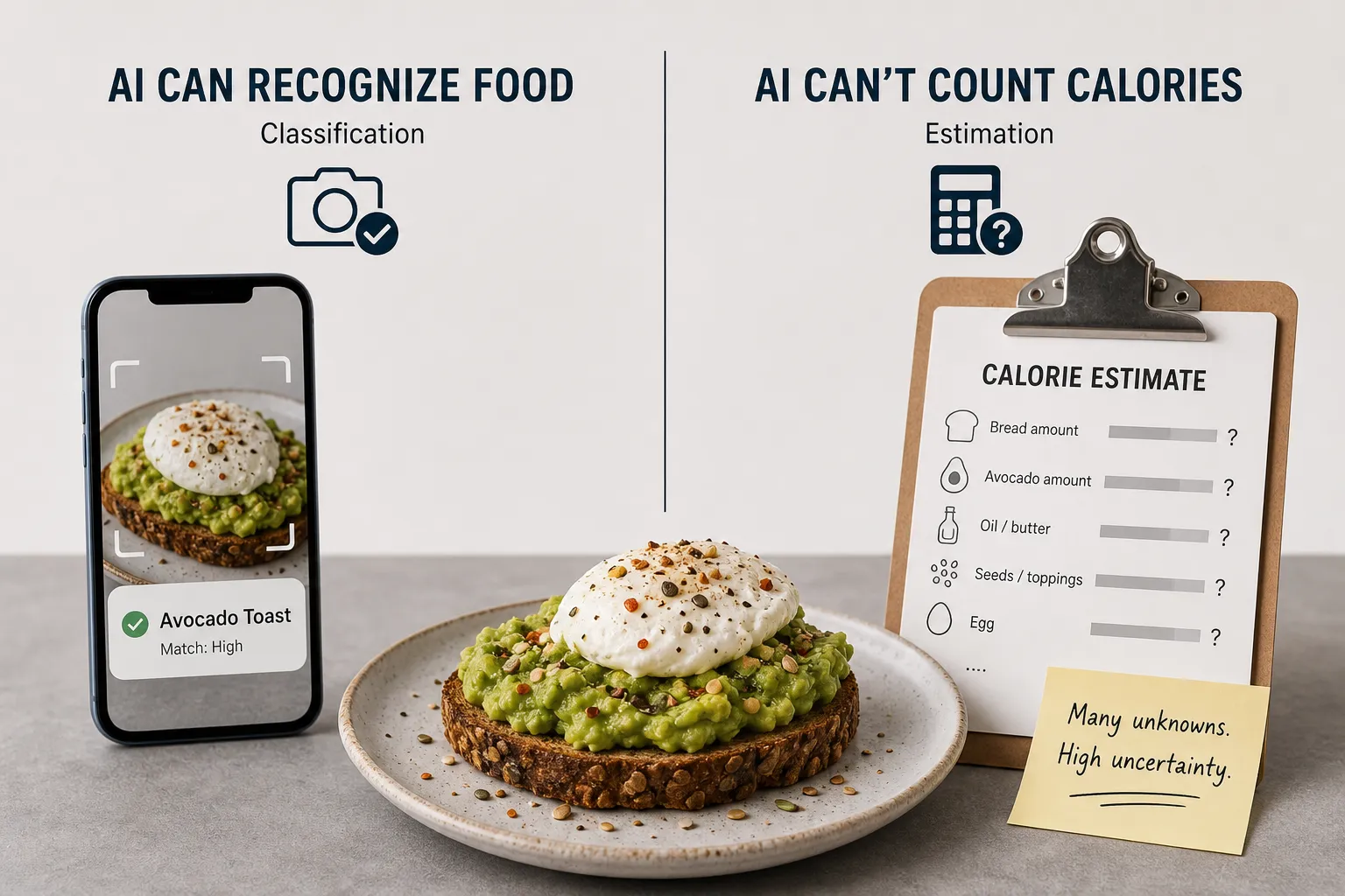 Avocado toast with AI food recognition and calorie estimate Avocado toast on a plate beside a phone identifying it and a clipboard showing calorie estimate fields