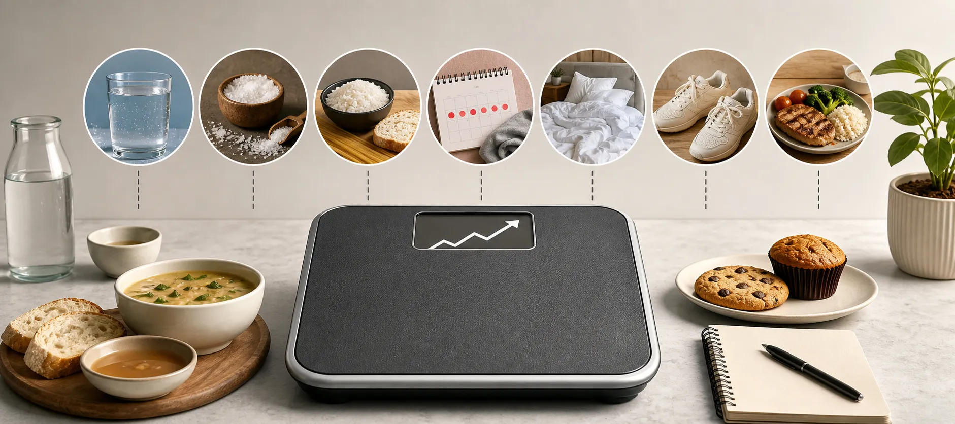 Bathroom scale with rising arrow, surrounded by icons of water, salt, carbs, sleep, movement, and food.