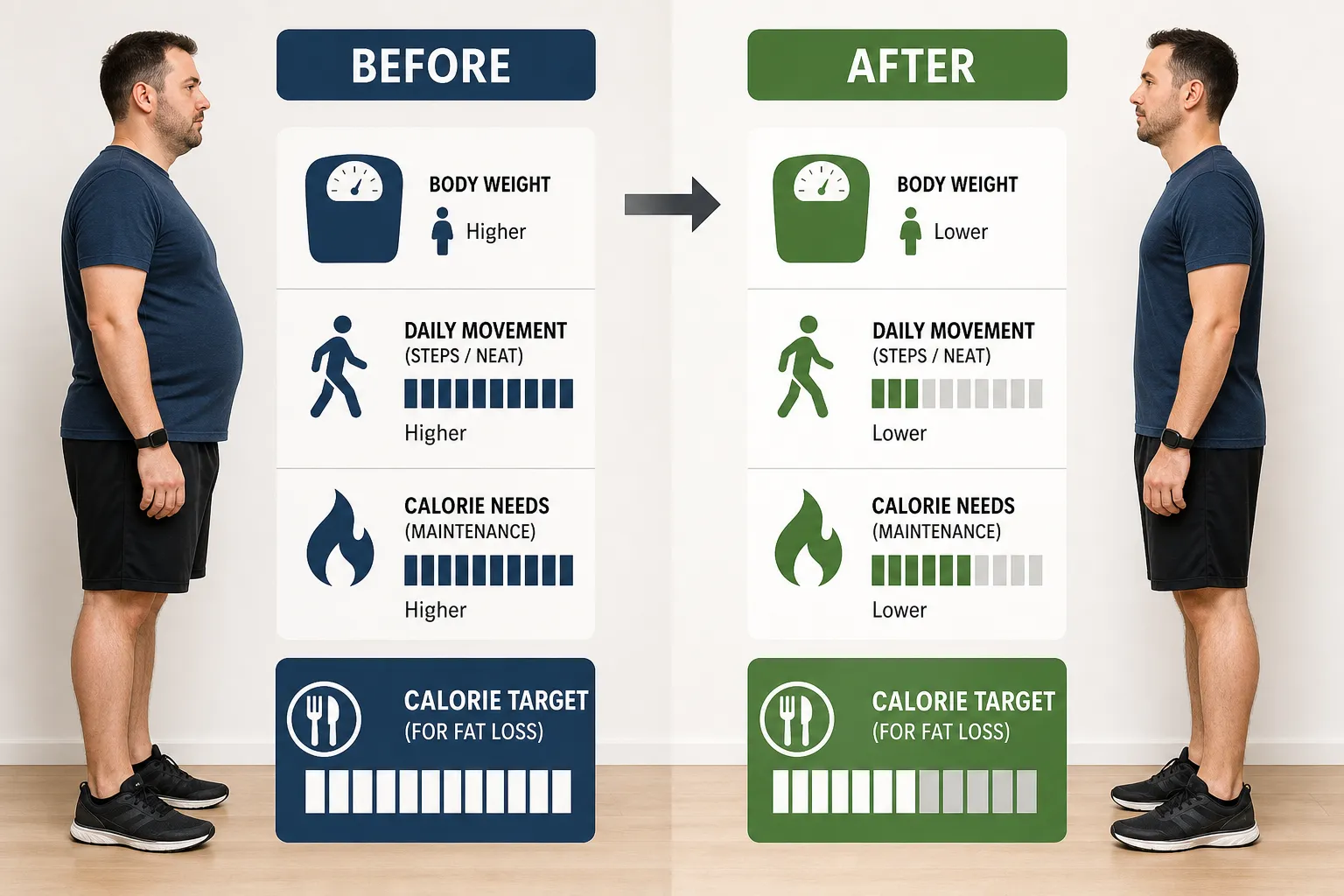 Before-and-after calorie comparison chart beside a man shown from the side.