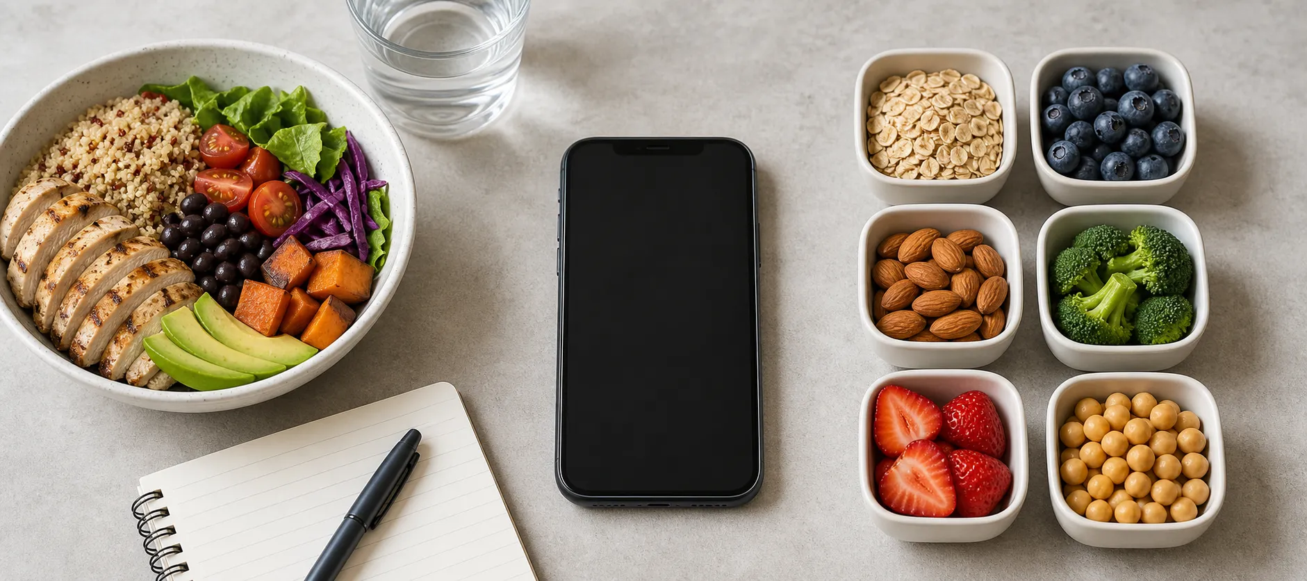 Flat lay of a healthy meal prep setup with a bowl of quinoa, chicken, avocado, vegetables, and a smartphone surrounded by small bowls of oats, blueberries, almonds, broccoli, strawberries, and chickpeas.