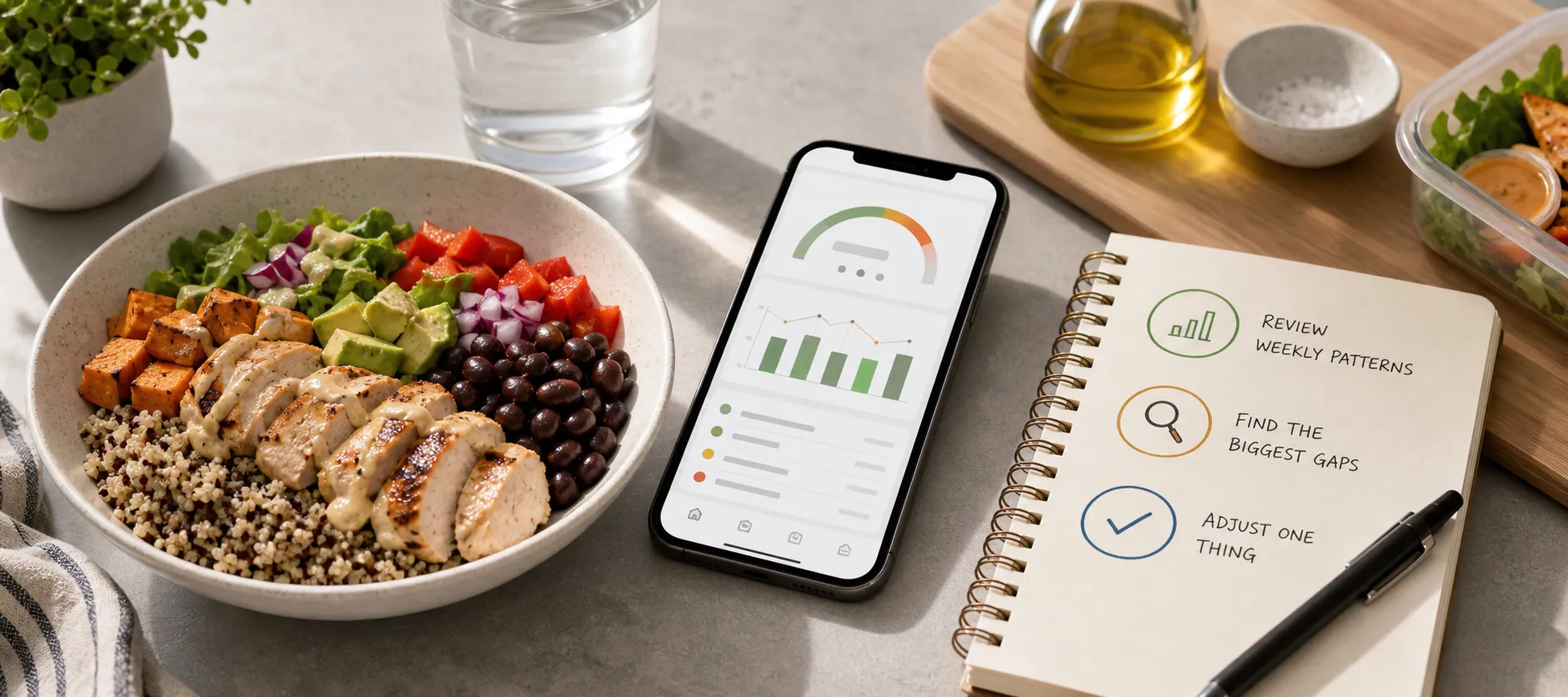 Bowl of chicken, vegetables, and grains beside a calorie-tracking phone and notebook.