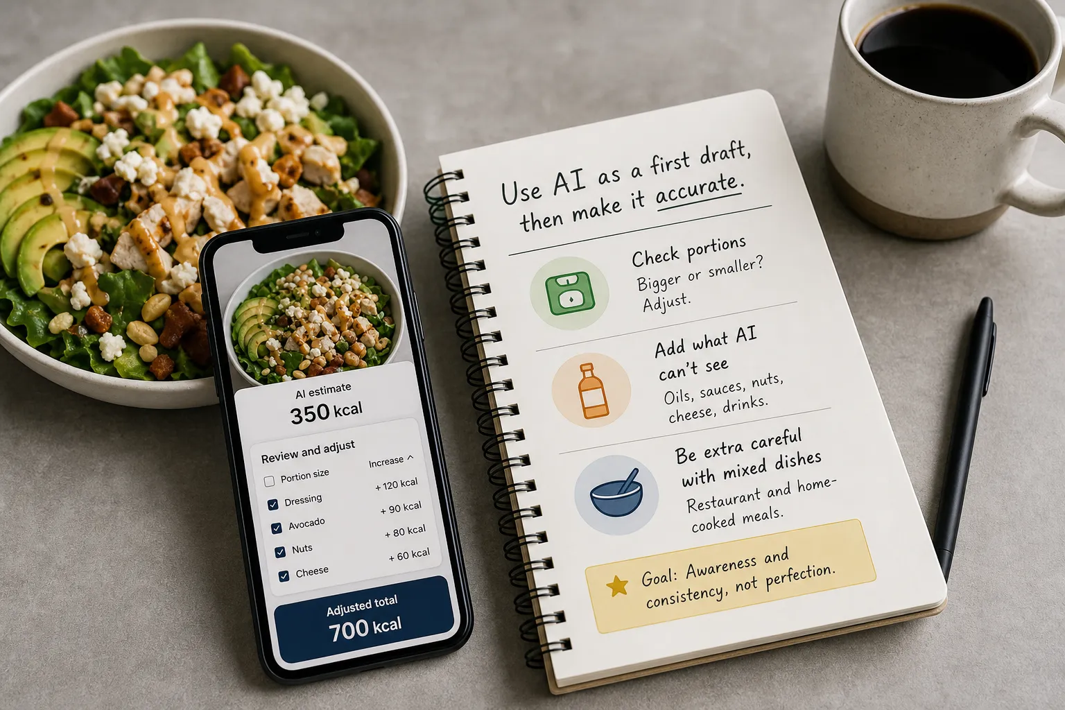 Bowl of salad beside a phone showing an AI calorie estimate and a notebook with tracking tips.