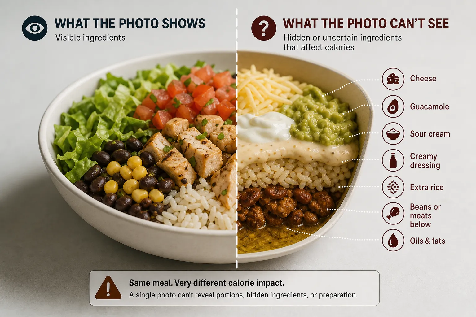 Bowl of salad with rice, beans, chicken, tomatoes, and labeled hidden ingredients on the right