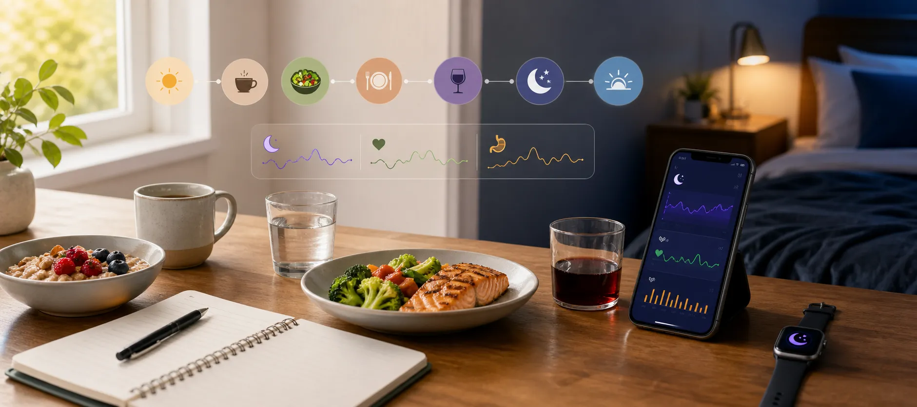 Breakfast and dinner on a table with a phone showing sleep and health charts.