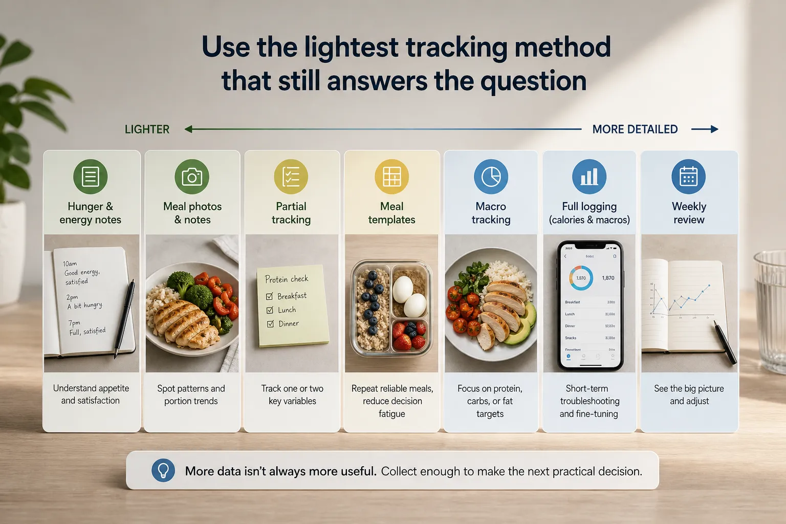 Chart comparing food tracking methods from hunger notes to weekly review.