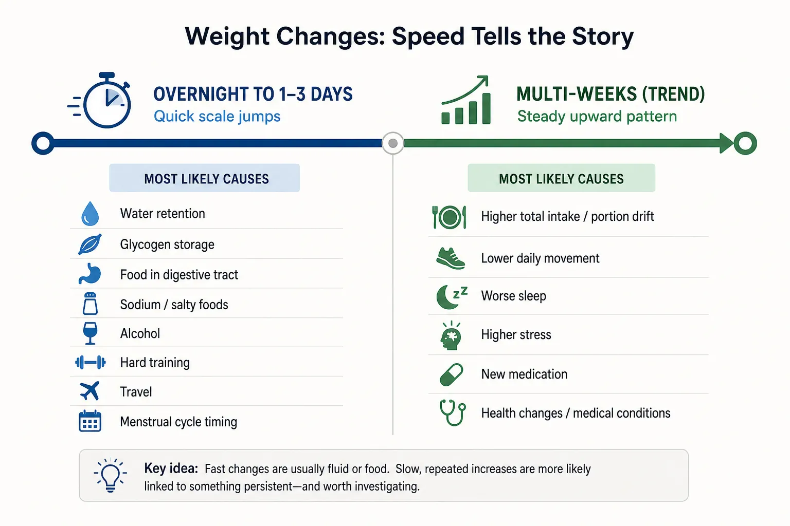 Chart comparing overnight weight jumps with multi-week weight gain causes.
