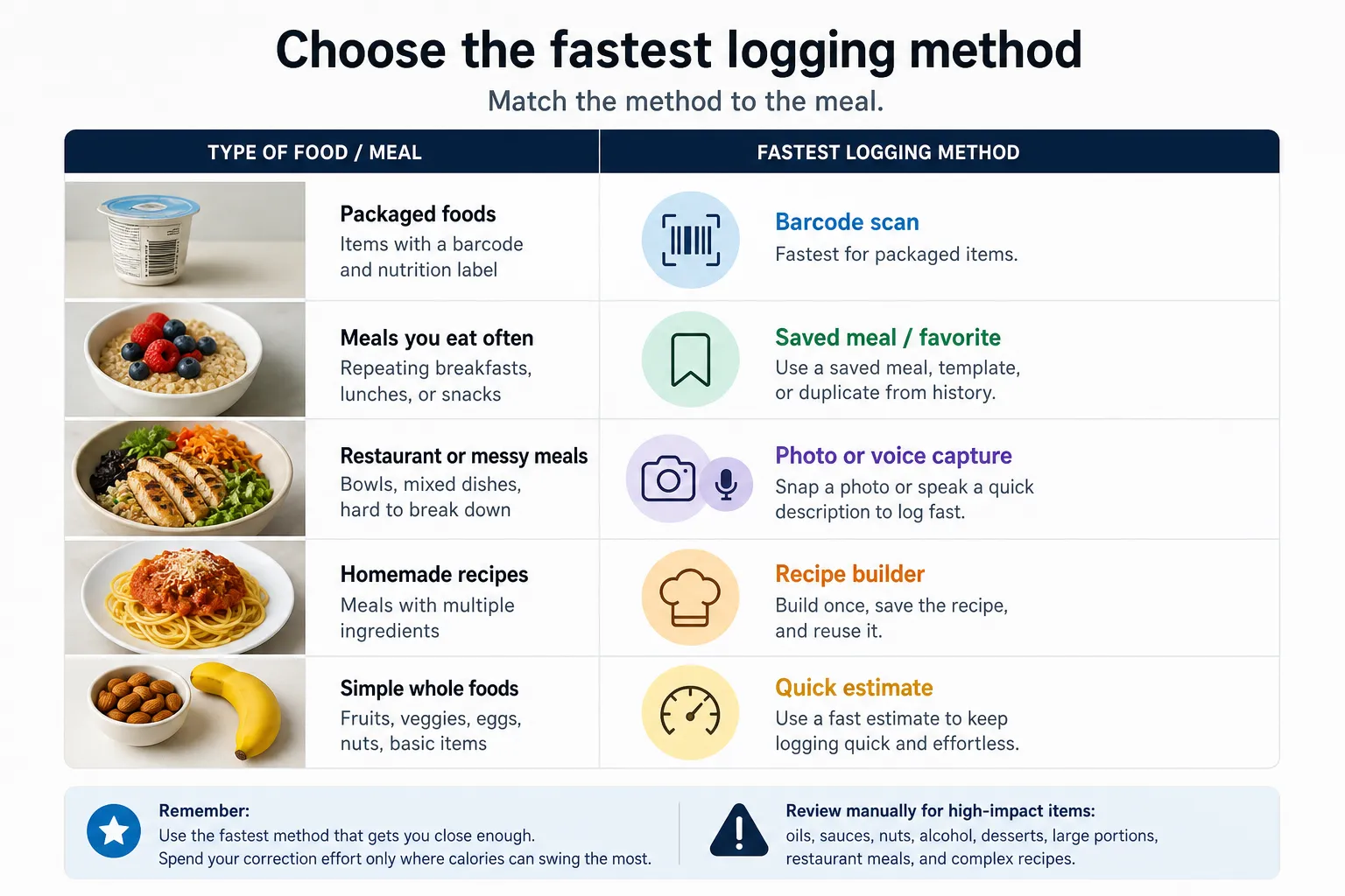Chart showing meal types with logging methods: barcode scan, saved meal, photo or voice capture, recipe builder, and quick estimate.