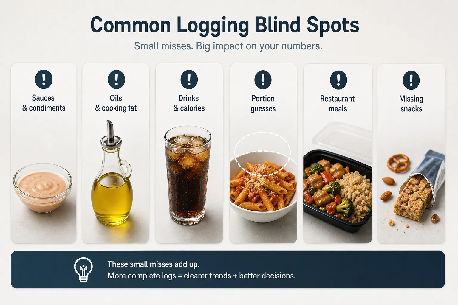 Chart titled “Common Logging Blind Spots” showing six food logging misses with foods and drinks.