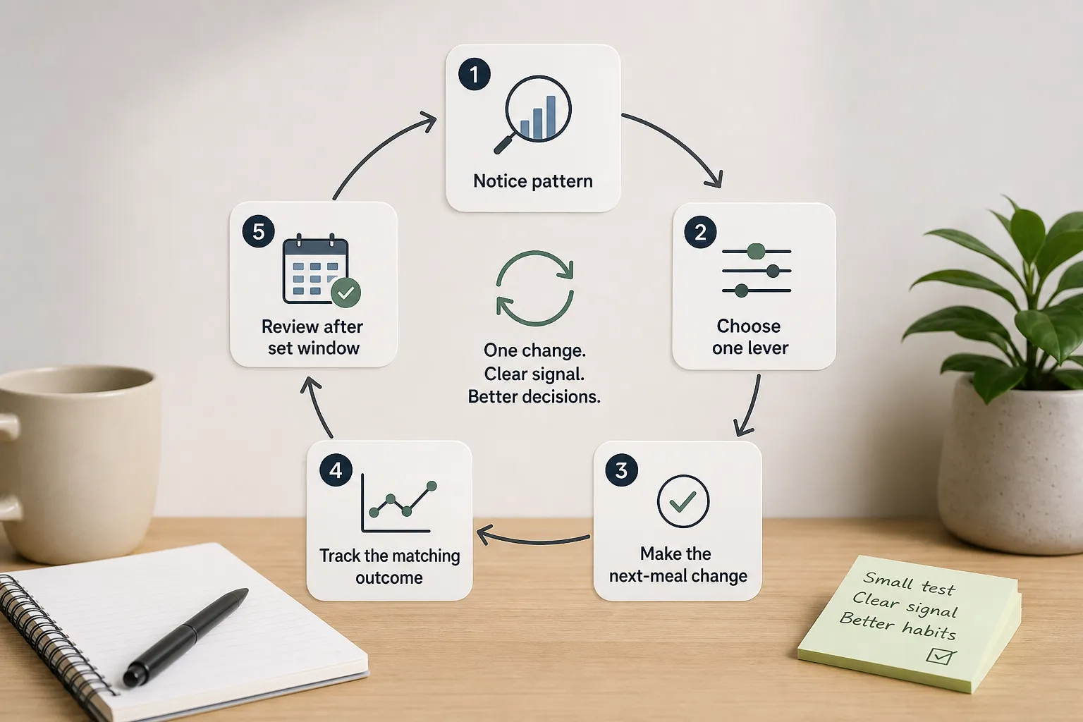 Circular five-step workflow cards on a desk, with arrows and the text “One change. Clear signal. Better decisions.”