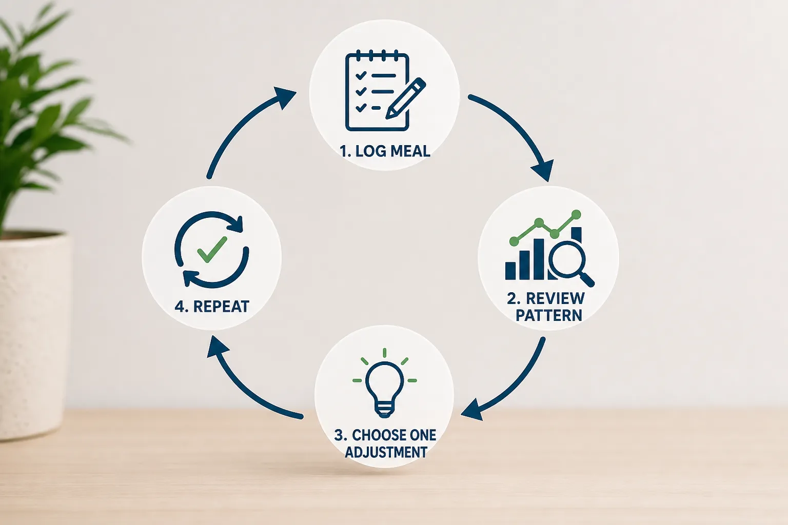 Circular four-step diagram with icons labeled log meal, review pattern, choose one adjustment, repeat.