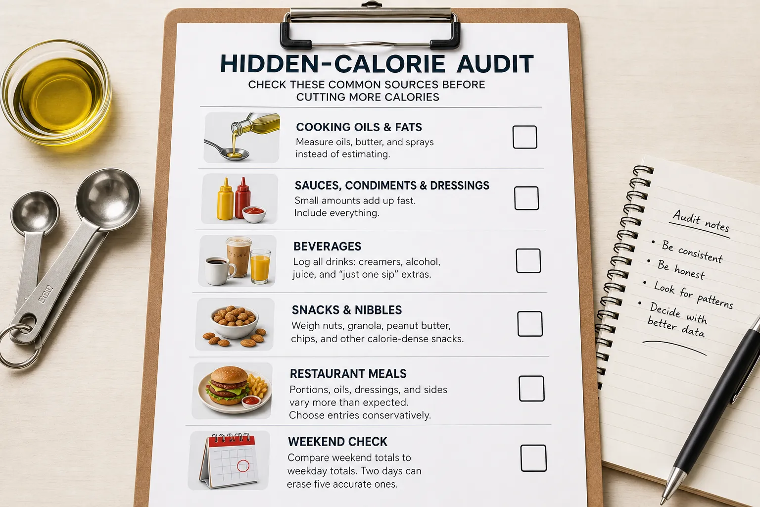 Clipboard showing a hidden-calorie audit checklist beside a notebook and measuring spoons