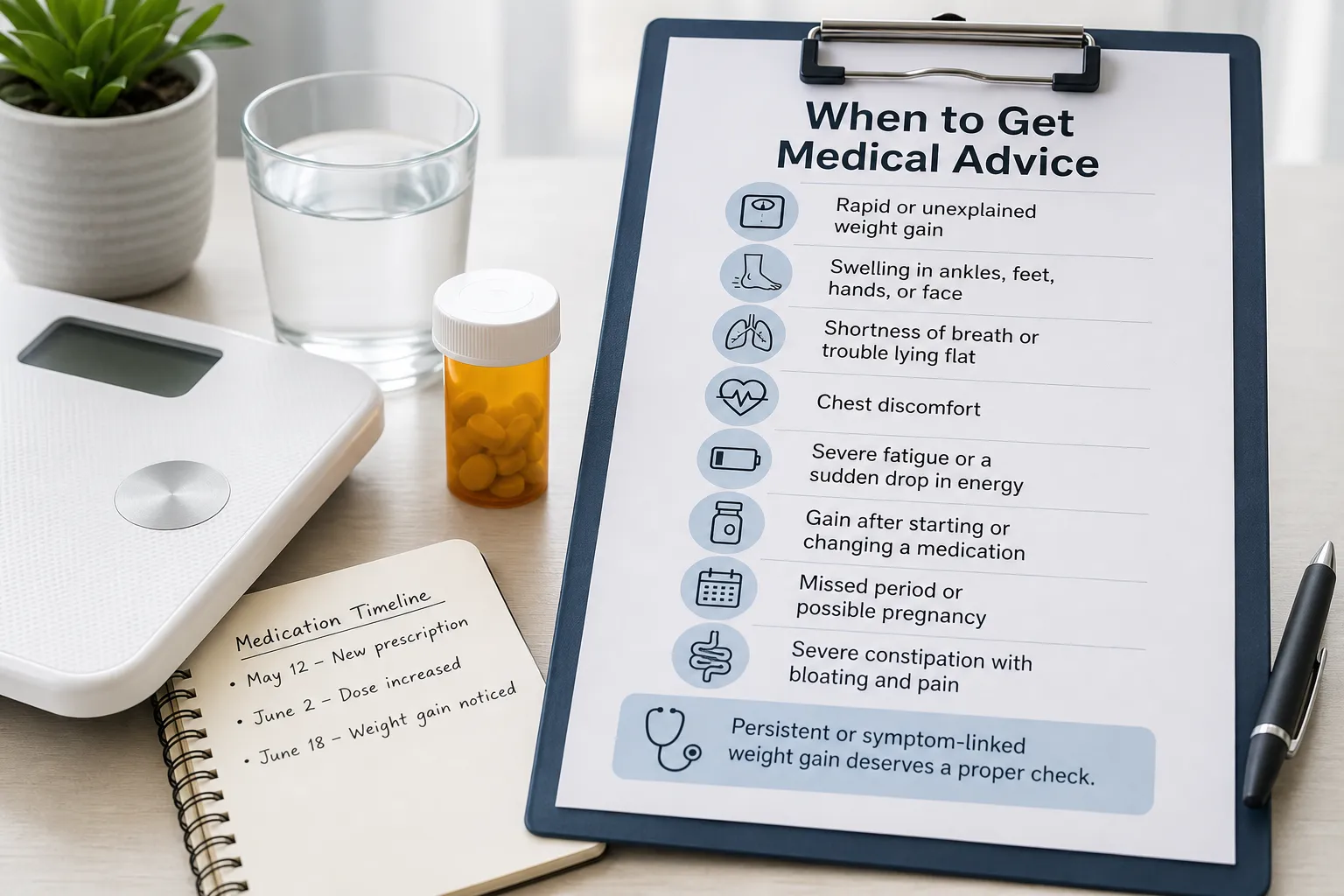 Clipboard with a medical advice checklist beside a scale, pill bottle, water glass, and medication notes.
