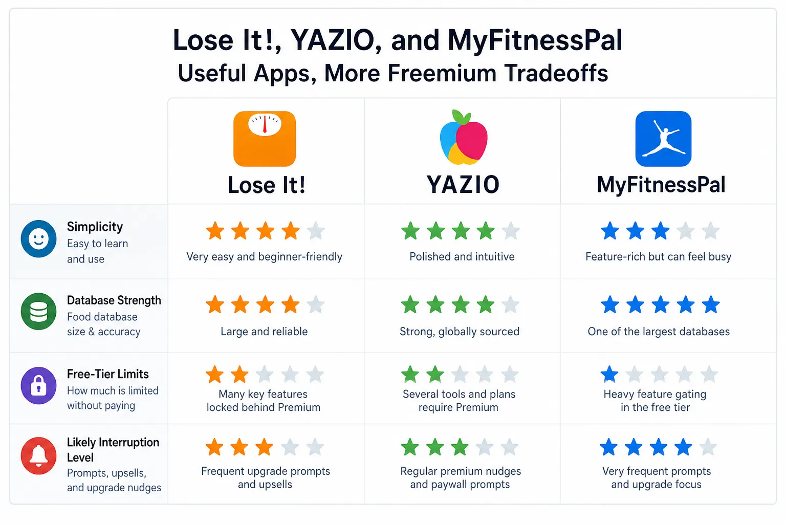 Comparison chart of Lose It!, YAZIO, and MyFitnessPal with star ratings for simplicity, database strength, free-tier limits, and interruptions.