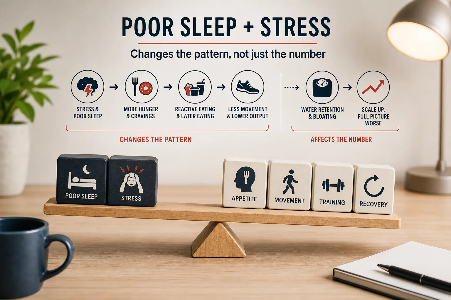 Desk display showing blocks for poor sleep, stress, appetite, movement, training, and recovery.