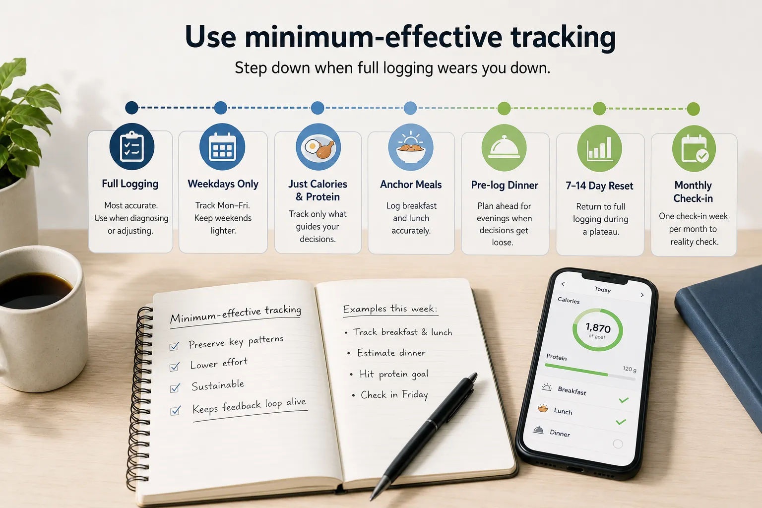 Desk setup with a notebook, pen, coffee mug, and phone beside a calorie tracking infographic.