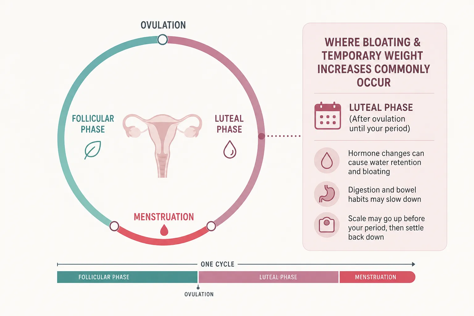 Diagram of the menstrual cycle showing follicular phase, ovulation, luteal phase, and menstruation, with notes on bloating and temporary weight gain.