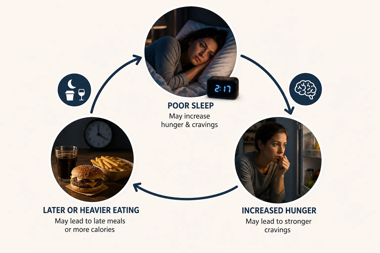 Diagram showing poor sleep, increased hunger, and later heavier eating in a cycle.