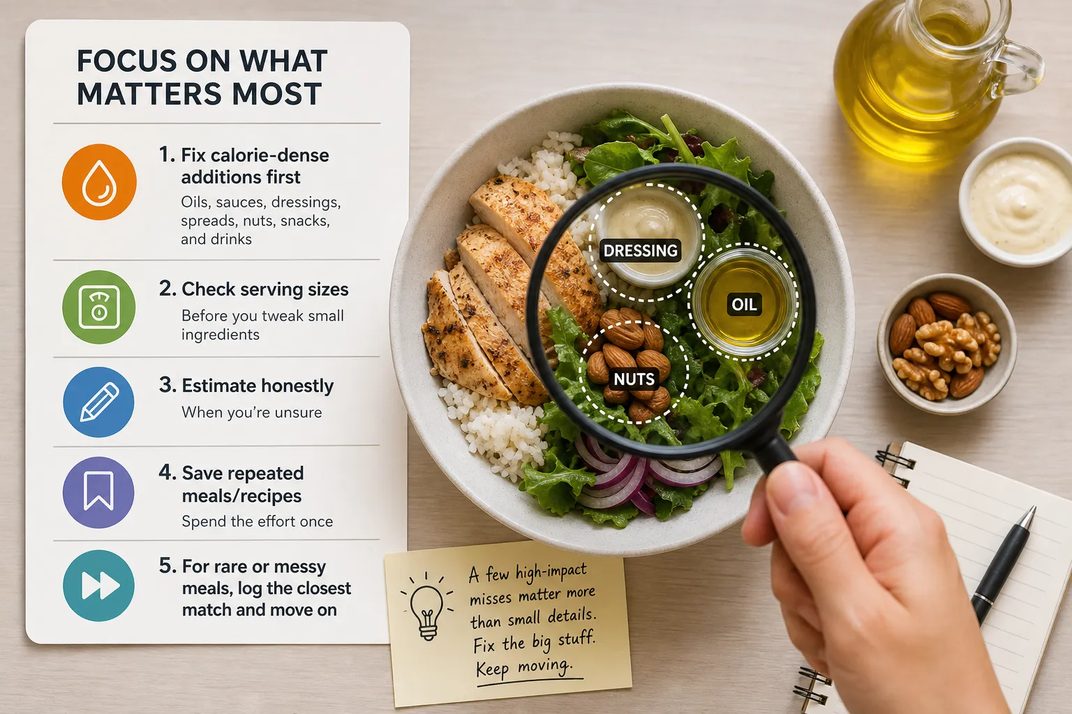 Hand holding a magnifying glass over a salad bowl with labels for dressing, oil, and nuts.